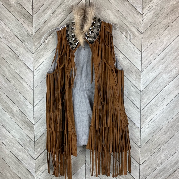 Fringe Suede faux fur & metallic bead collar vest Medium - Picture 2 of 10